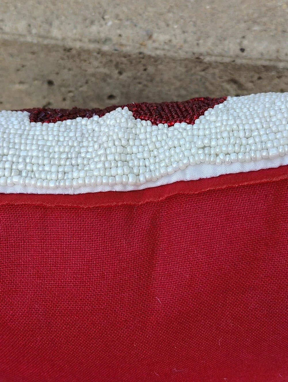 Vintage Christmas Beaded Poinsettia Throw Pillow Red White Gold Glass Seed Beads